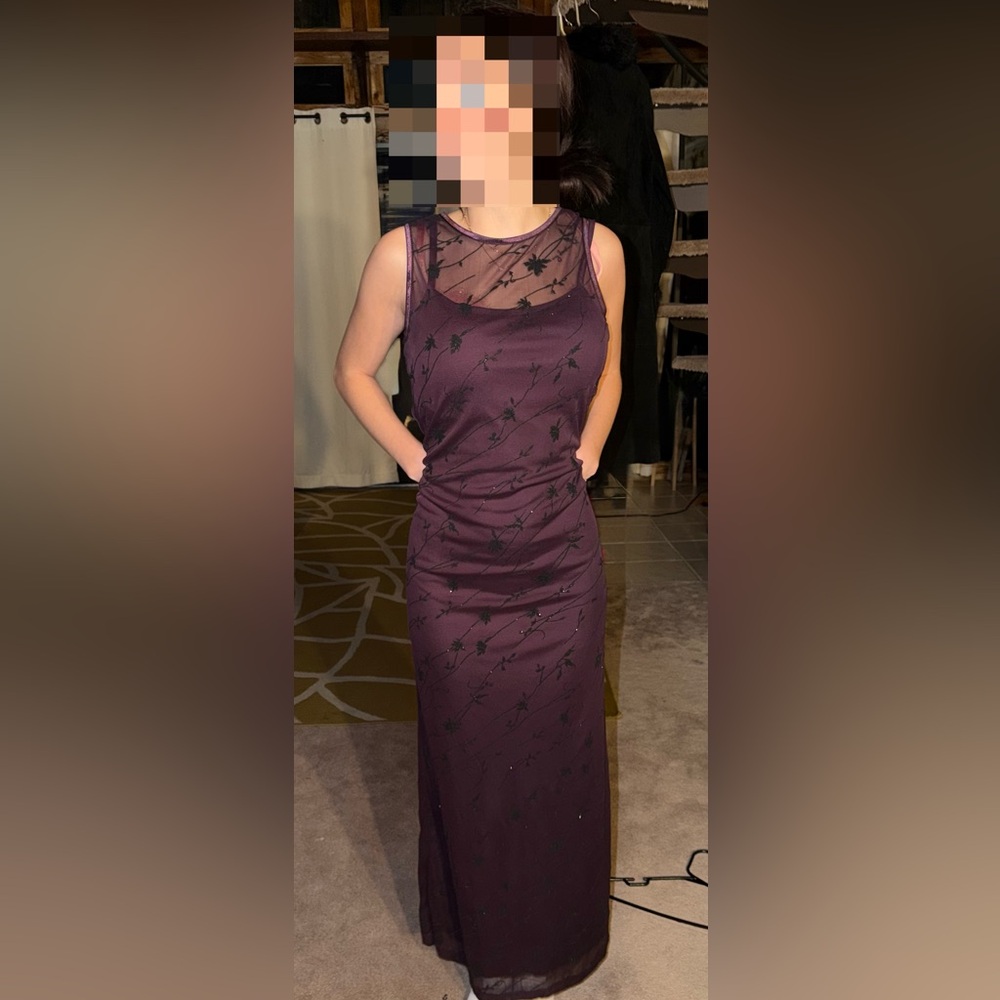 Embroidered Satin Evening Gown in Deep purple with black embroidery